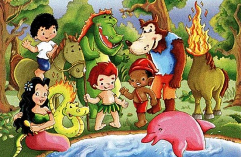 Diversos personagens do folclore brasileiro em torno de uma lagoa: Iara, Boitatá, Negrinho do Pastoreio, Cuca, Lobisomem, Saci, Curupira, Boto Rosa e Mula Sem Cabeça.