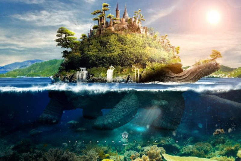 Tartaruga surreal, levando uma ilha nas costas, imagem de Elissandro Pinto
